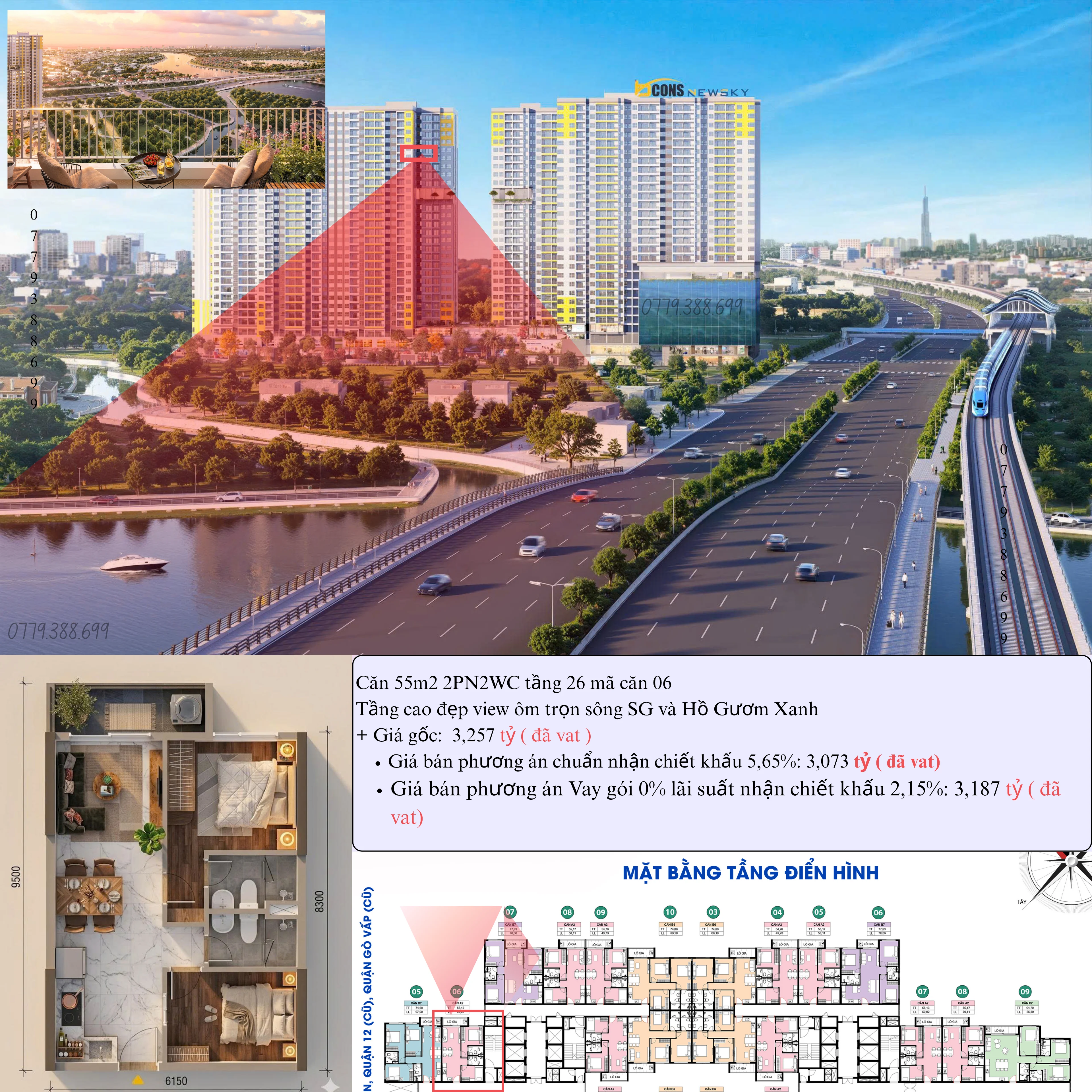 Căn hộ 2PN2WC Bcons NewSky tầng đẹp