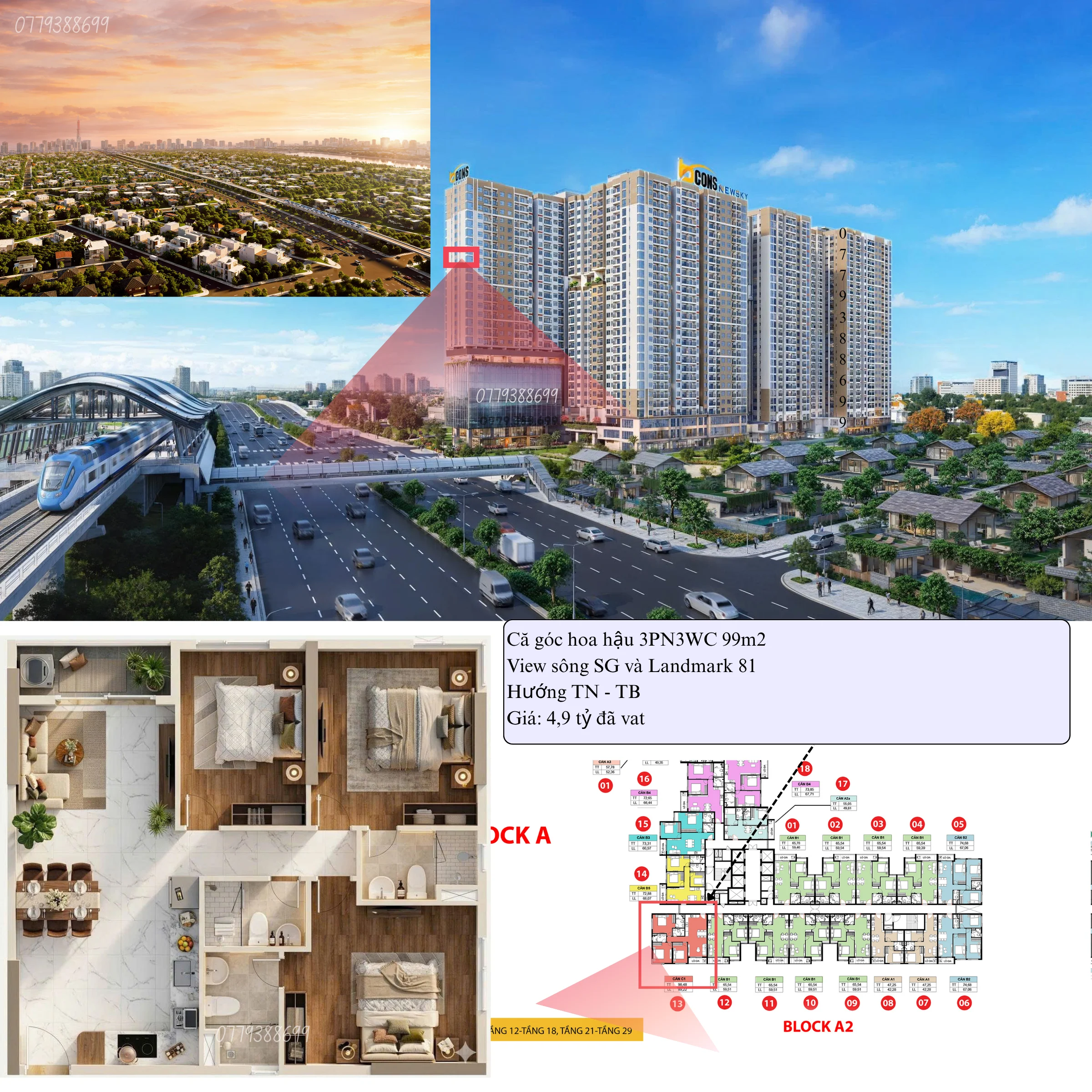 Căn góc 3PNsoongBcons NewSky view sông SG