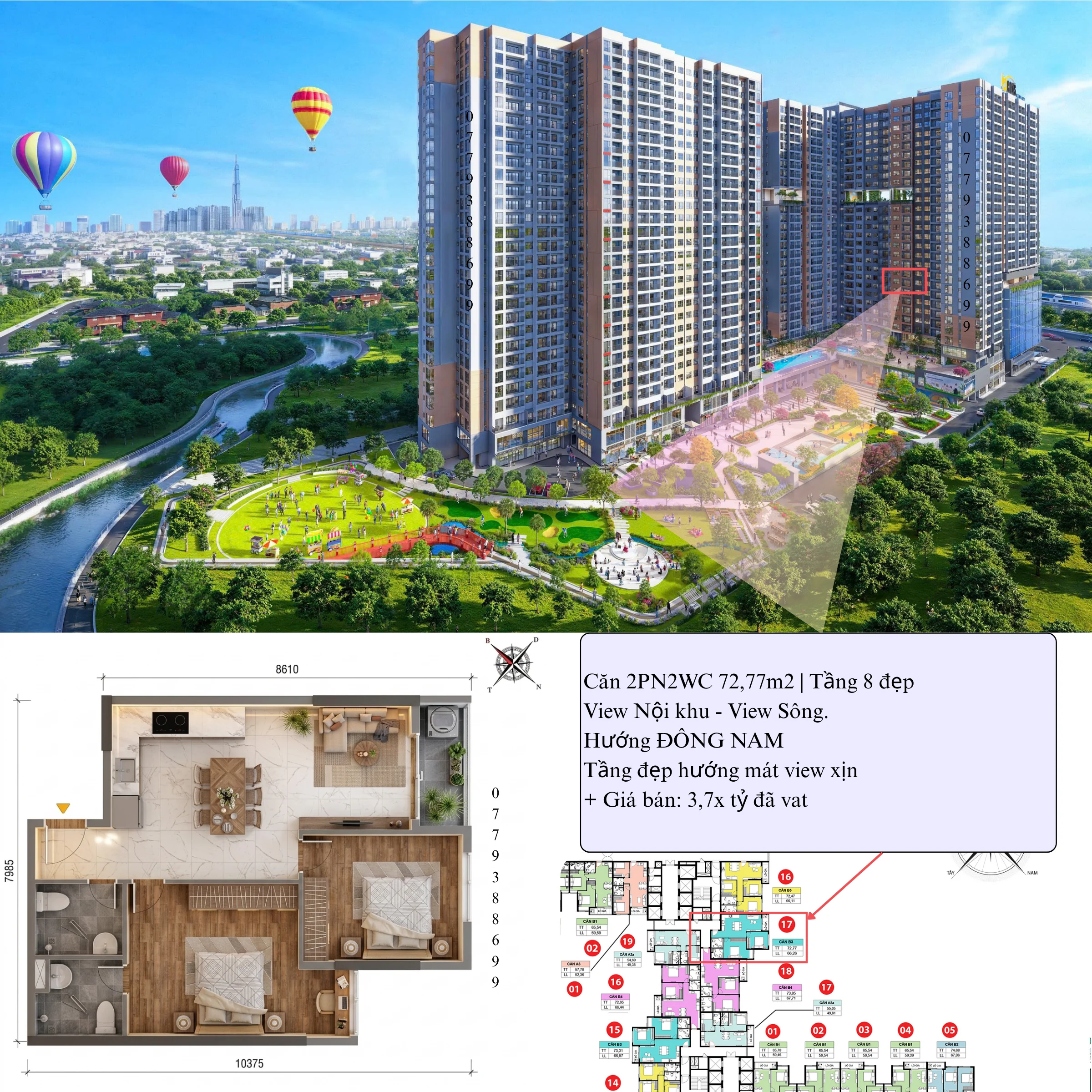Căn hộ 2PN2WC 73m2 view nội khu Đông Nam