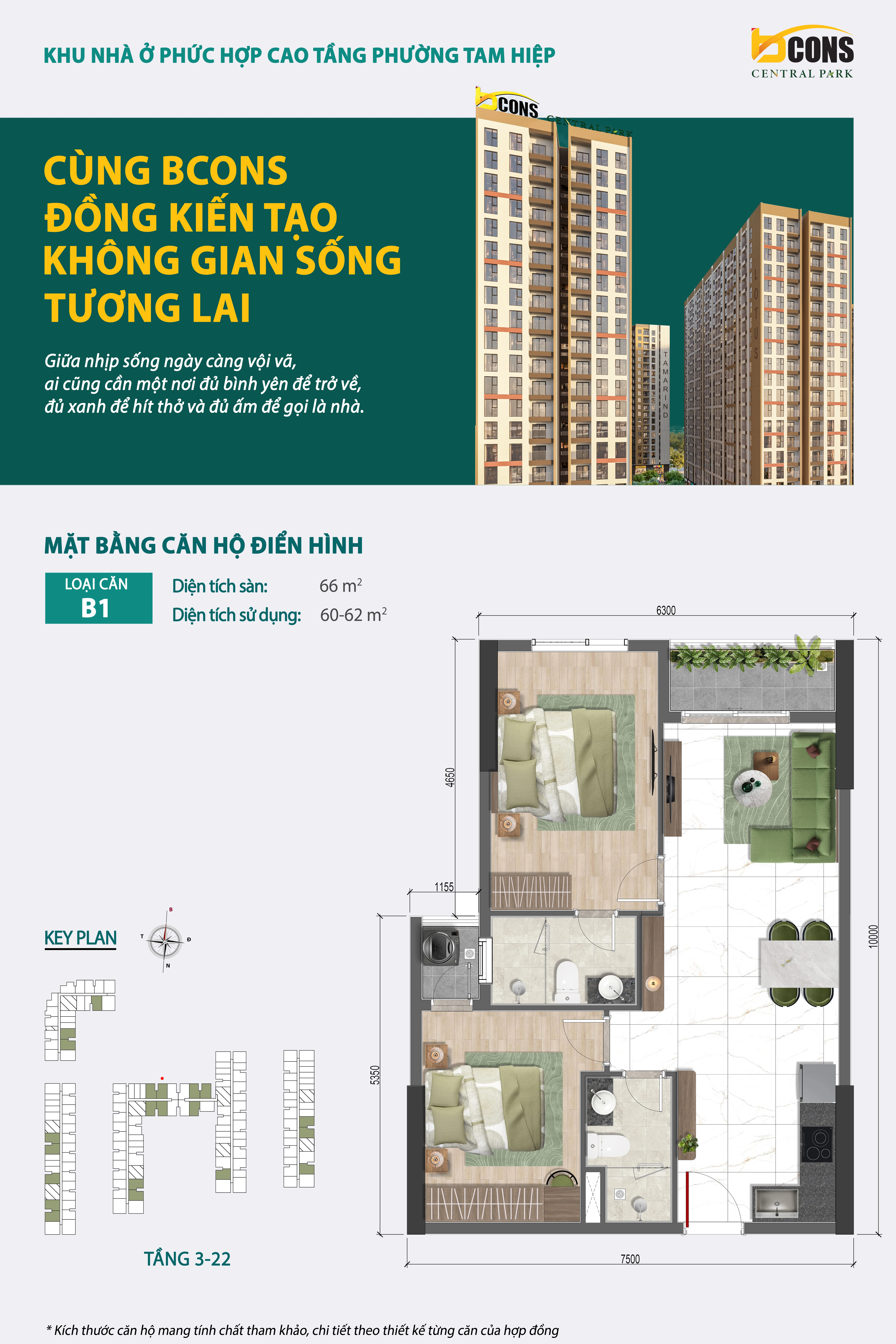 Layout căn 2PN Bcons Central Park